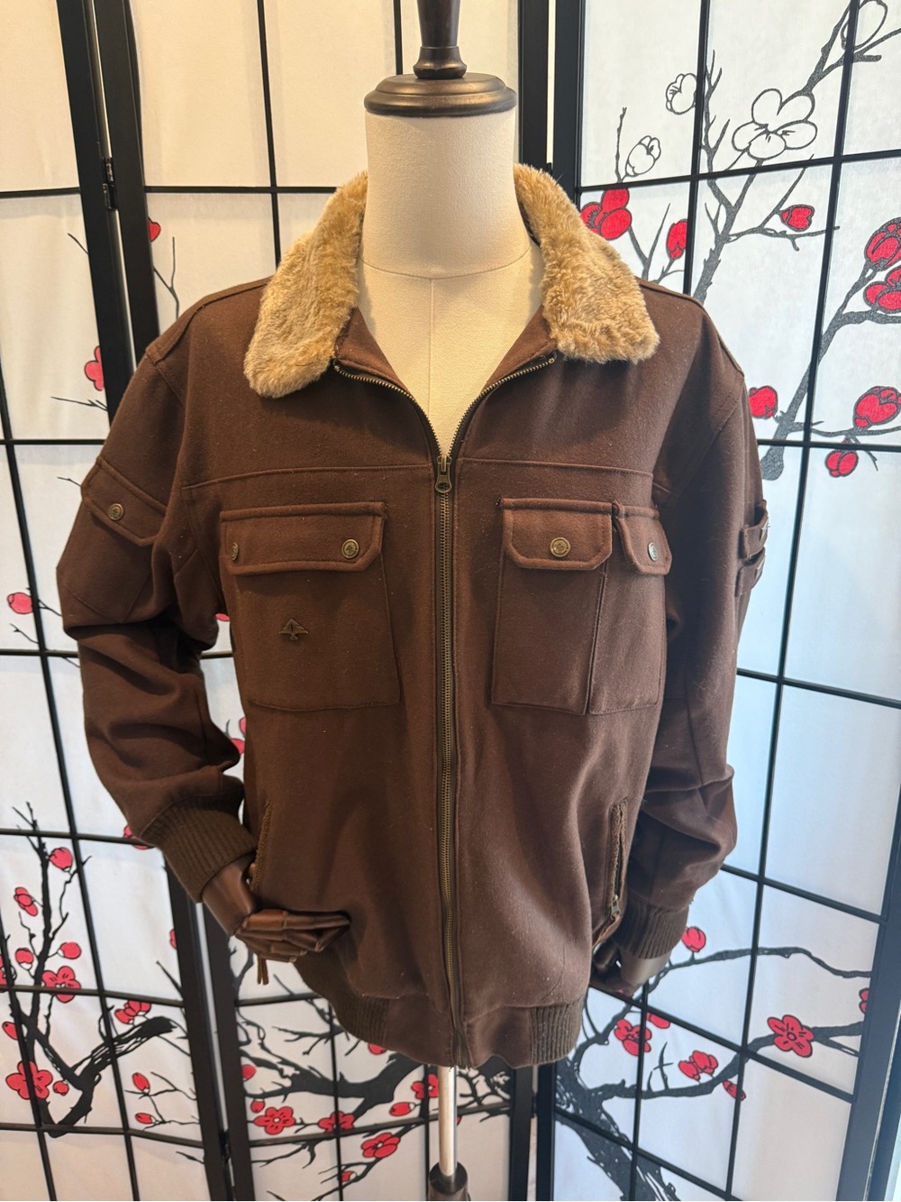 Vtg LRG Roots Equipment Wool Bomber Jacket Brown Y2K Streetwear XL